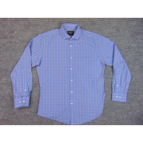 NordStrom Shirt Mens 15.5x32/33 Trm Fit‎ Blue White Plaid - Picture 2 of 8